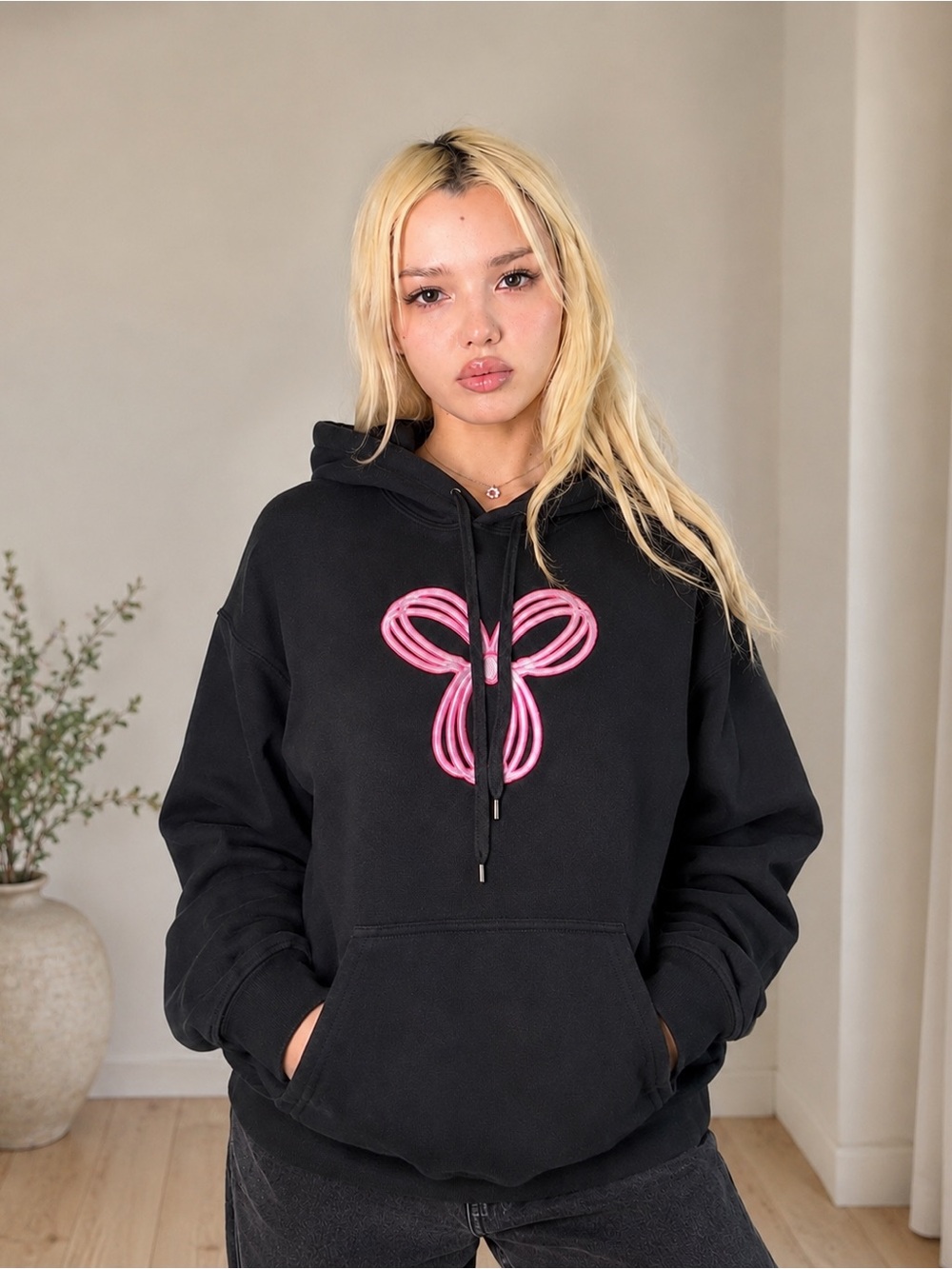 Aritzia TNA Black Hoodie Pink Bow Logo Small